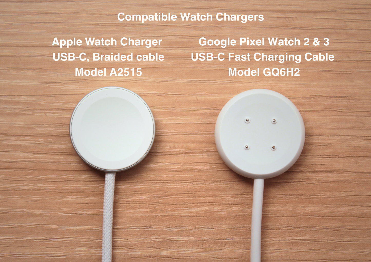 Top view photo of the Apple Watch and Google Pixel Watch 2 & 3 chargers compatible with the NODO Lite holder on a light wood surface, with text indications useful for identifying them.
